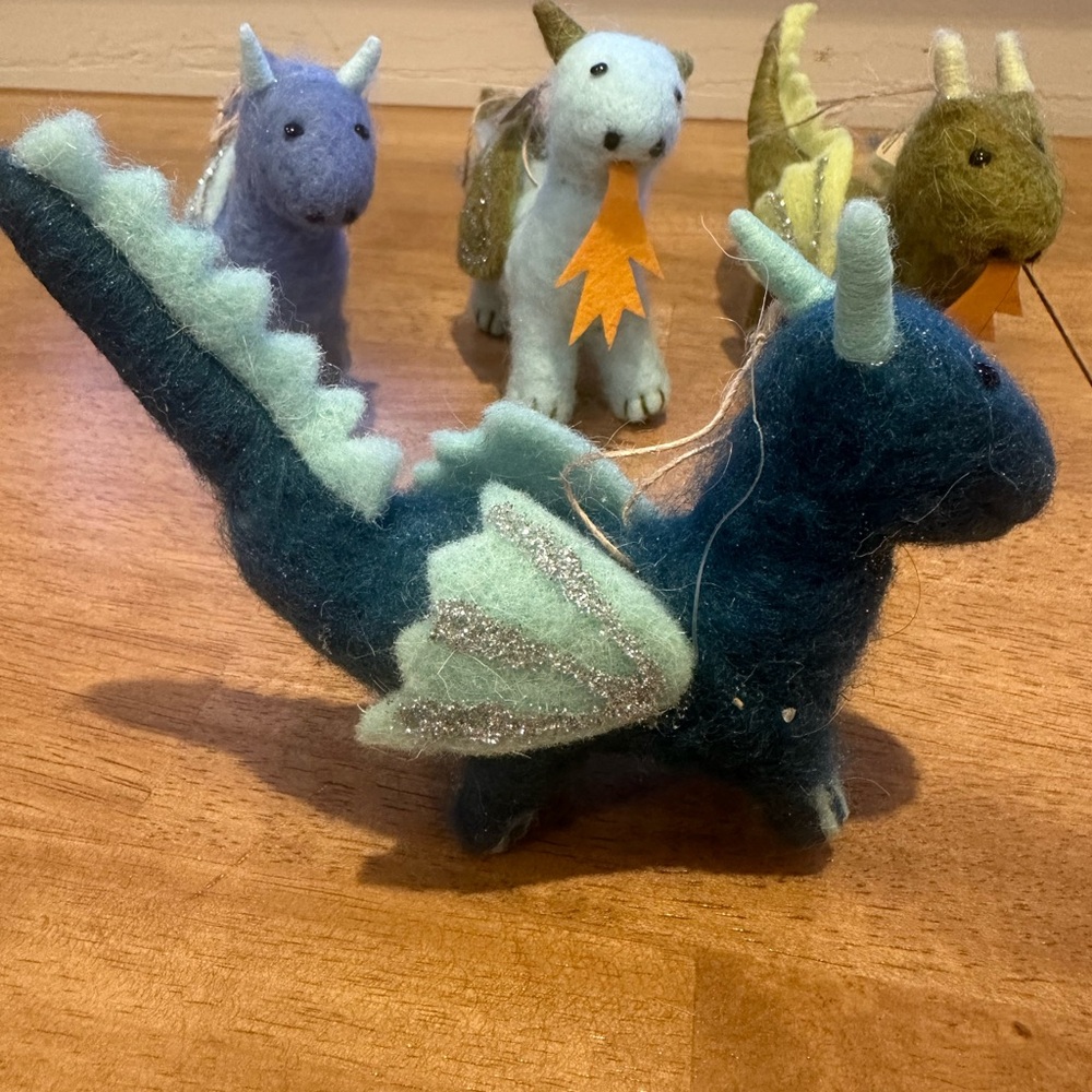 Handmade Felt Dragon Ornament Small Blue, Green, and Pale Blue